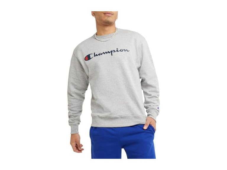 Champion Men's Crewneck Fleece Sweatshirt, Standard Fit, Midweight Tall, Oxford Gray-Classic Script Logo, Small