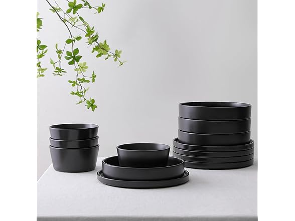 Stone Lain Celina Stoneware 12-Piece Dinnerware Set, Black