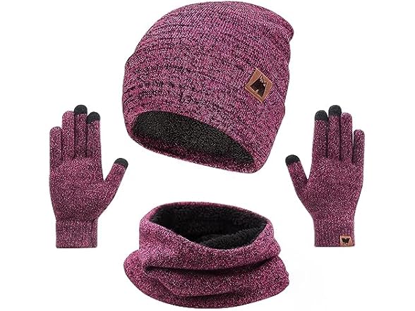 Mysuntown W0092 Beanie Hat Scarf Gloves Set Rose Red