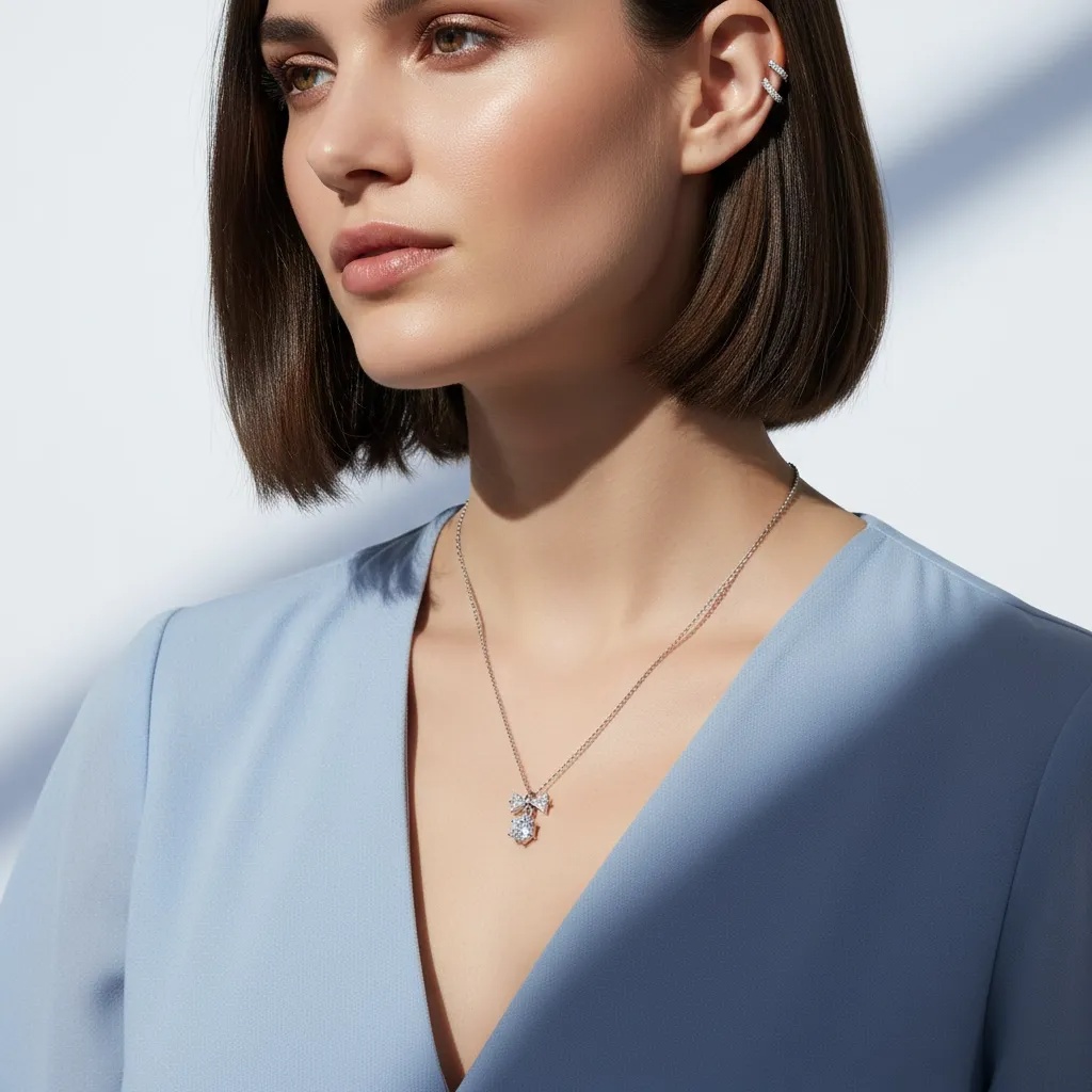 Moissanite Diamond Bow & Round Necklace - Gallery 8