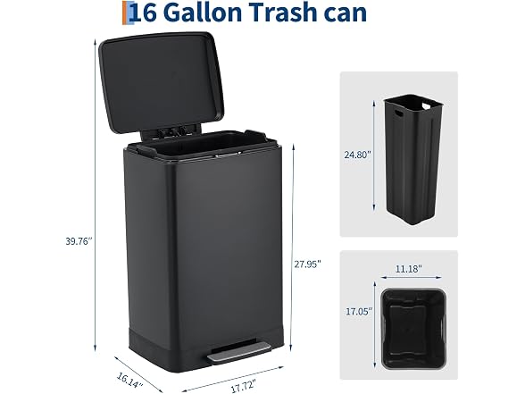 OUTLANE 60L Trash Can,Black
