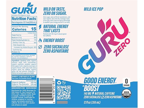 12PK GURU ZERO SUGAR Organic Energy Drinks Variety