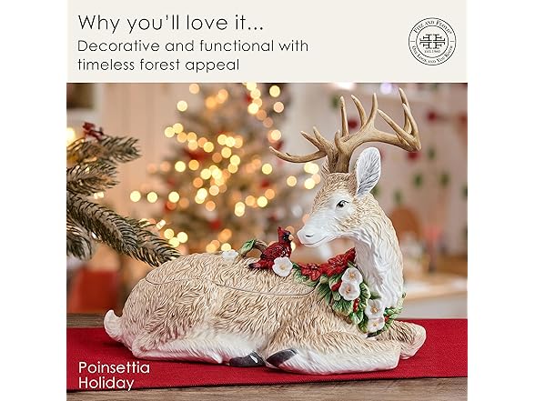 Fitz and Floyd Poinsettia Holiday Deer Figurine Cookie Jar