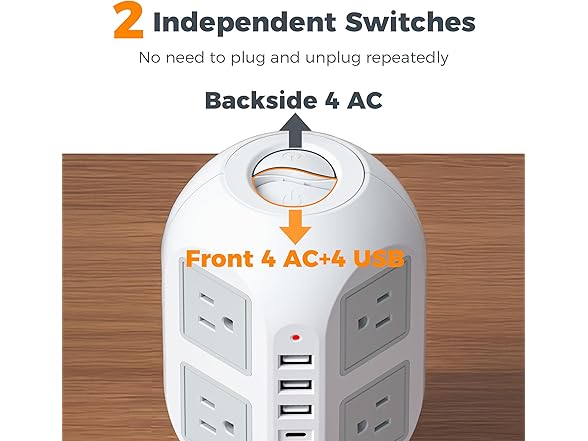 TESSAN 10ft Cord Power Tower (8 Outlets, 1 USB-C, 3 USB-A)