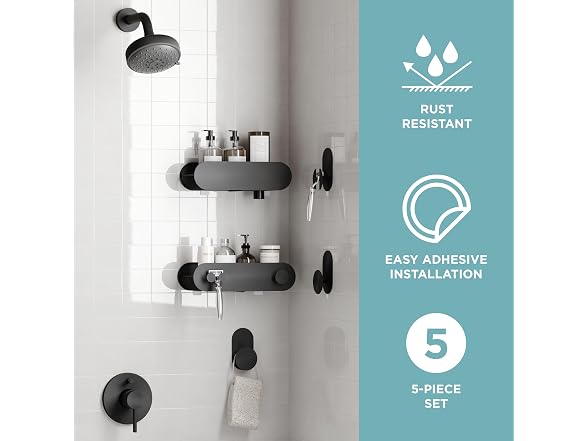 Zenna Home Adhesive Shower Caddy Baskets and Hook Set
