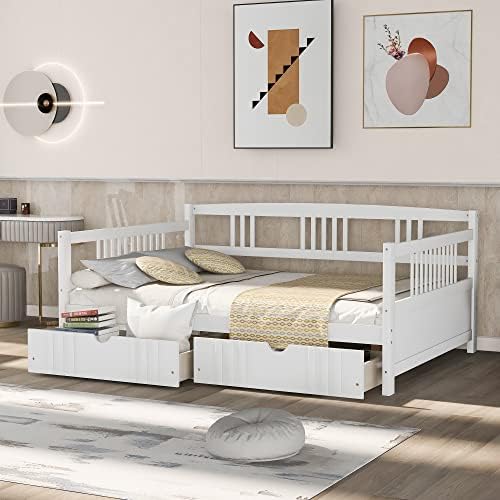 SPOFLYINN Full Size Daybed with Safety Guardrails, 2 Drawers, Wood Slat Support Platform Bed for Dorm, Bedroom, Guest Room, Living Room No Box Spring Needed Sofa Day Bed Frame White As Shown