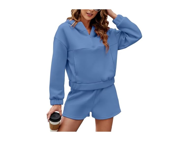 FKEEP Womens 2 Piece Sweatsuit Outfits Half Zip Hoodie Sweat with Shorts Pockets Lounge Winter Tracksuit Wear Matching Set
