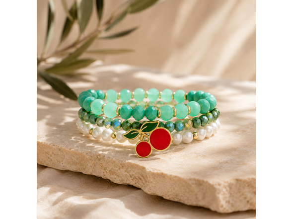 Stretch Beaded Bracelet Stack with Cherry Charm