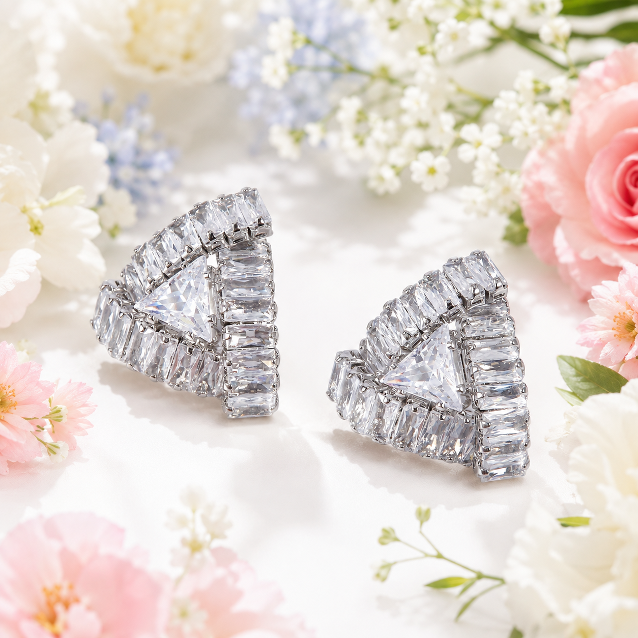 Silver Triangle CZ Stud Earrings - Gallery 6