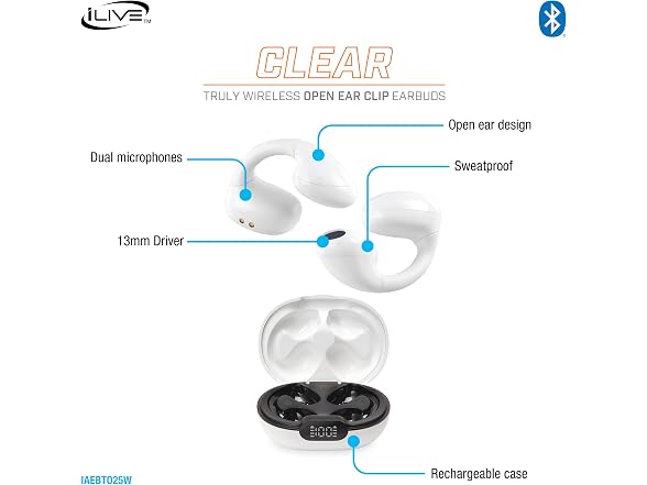 iLive Wireless Open-Ear Clip Earbuds White