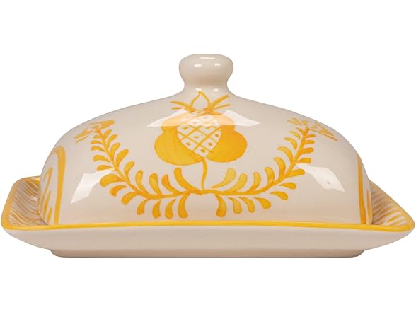 Creative Co-Op Stoneware Butter Dish with Botanical Design, Yellow and White
