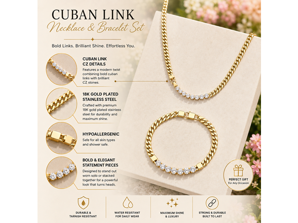 18K Gold Plated Cuban CZ Jewelry Set
