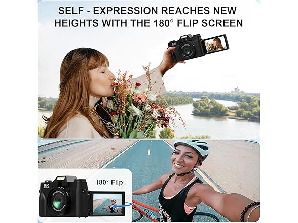 Yatao Digital Cameras for Photography and Vlogging, 6K 64MP Flip Screen, Dual Lens, Microphone for Video, 64GB TF Card, Compact Photo WiFi Camera for YouTube Kit Travel, Beginners (Black) (Open Box)
