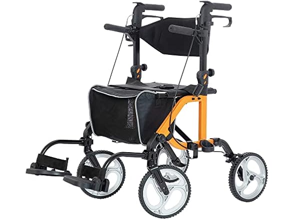 ELENKER 2 in 1 Rollator Walker & Transport Chair, Folding Wheelchair with 10” Non-Slip Wheels for Seniors, Reversible Backrest & Detachable Footrests, Orange (Open Box)
