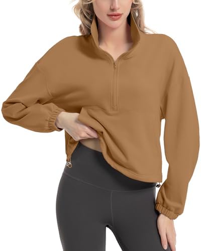 FKEEP Quarter Zip Pullover Women Cropped Sweatshirt Long Sleeve Crop Top Stand Collar Drawstring Casual Pullover zLight Brown XL