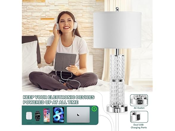 GoBright 3-Way Touch Control Crystal Table Lamps Set of 2