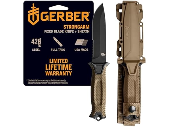 Gerber Gear StrongArm - Fixed-Blade Camping & Hunting Knife with Striking Pommel & Sheath - Premium Survival Gear - Made in USA - Coyote Brown, Serrated Edge (Open Box)