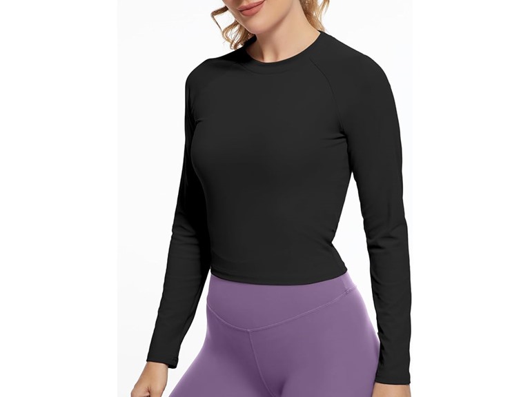 GGOV Womens Long Sleeve Crop Workout Tops Yoga Cropped Top Gym Shirts Athletic Clothes Slim Fit Black