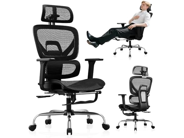 Synorla Ergonomic Office Chair with Footrest, Mesh Desk Chair with 135° Recline, Adjustable Lumbar Support, 3D Armrests and Headrest, Swivel Computer Chair for Home Office (Open Box)