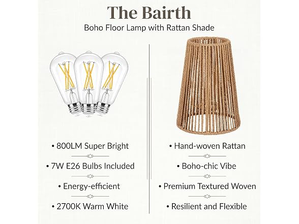 Bairth  Boho Floor Lamp, Farmhouse Rattan 3-Light