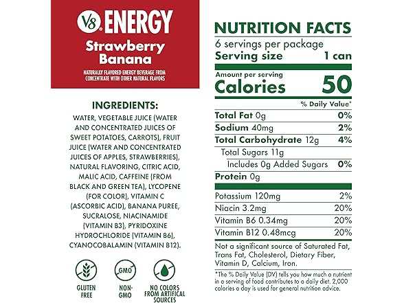 6PK V8 +ENERGY Strawberry Banana Energy Drink