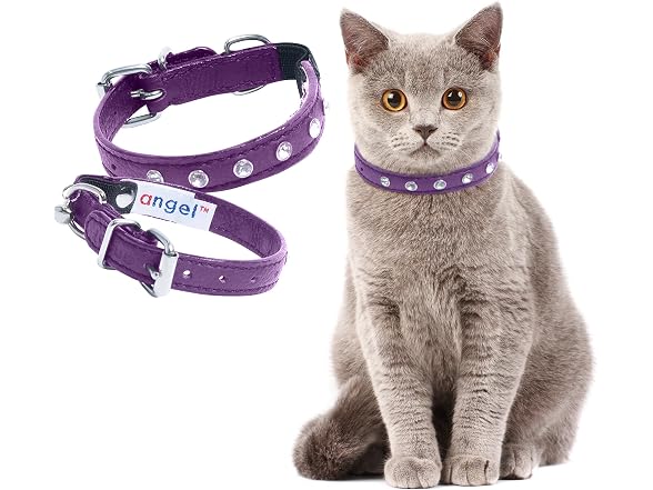Athens Cat Collar, Leather Kitten Collar w/Rhinestones