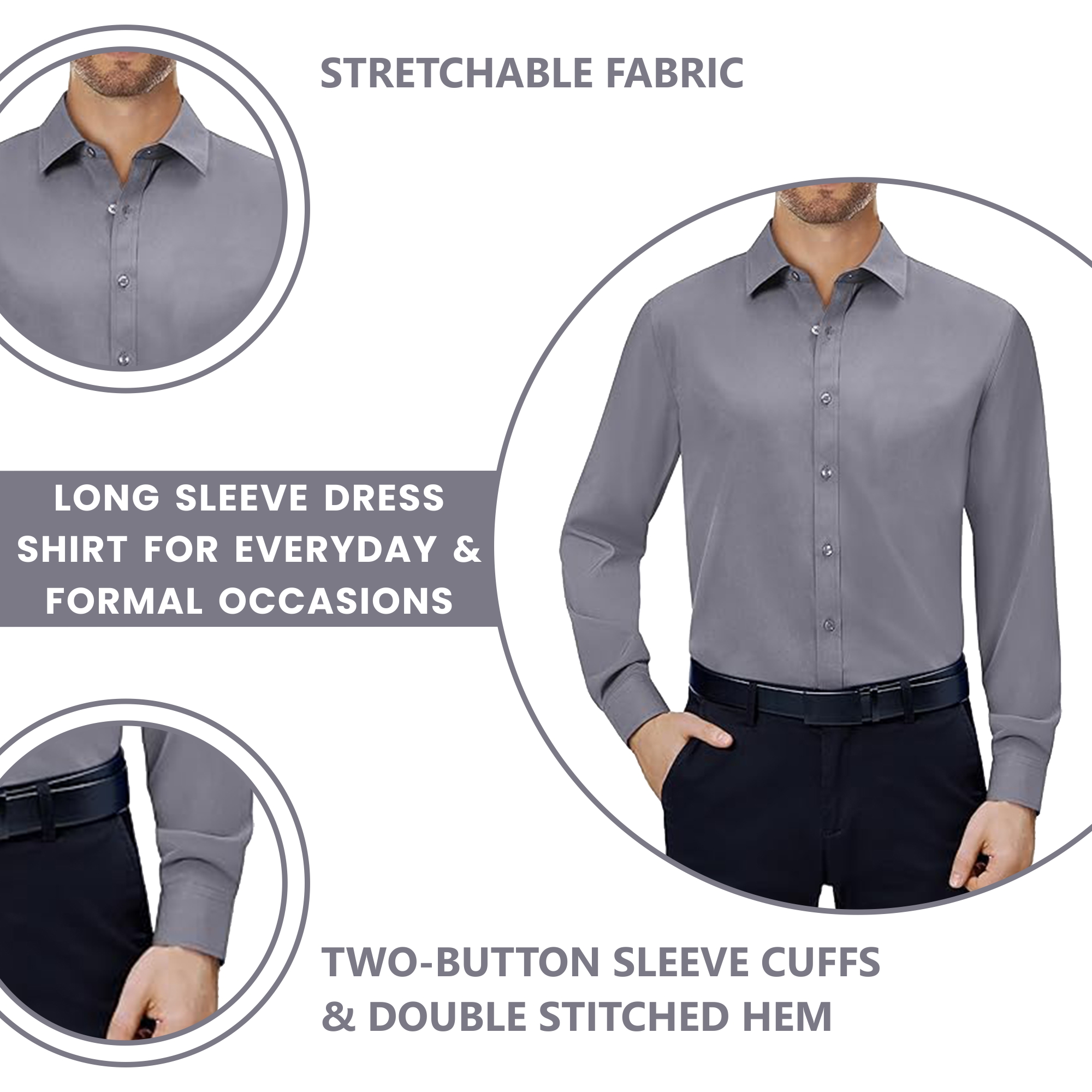 5Pk Mens L/S Stretch Dress Shirt - Gallery 10