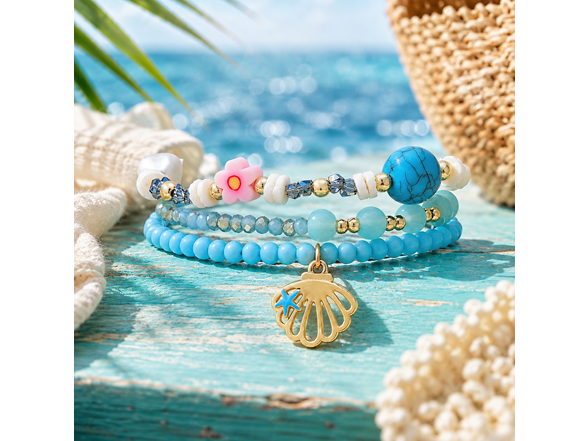 Stretch Beaded Bracelet Stack with Seashell Charm