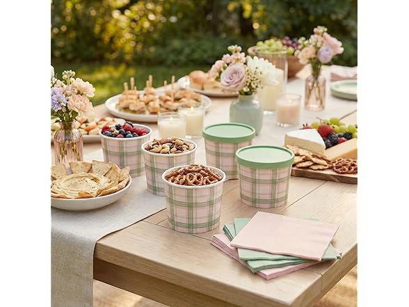 Fun Express 4" x 3" Pink & Sage Plaid Paper Bowls