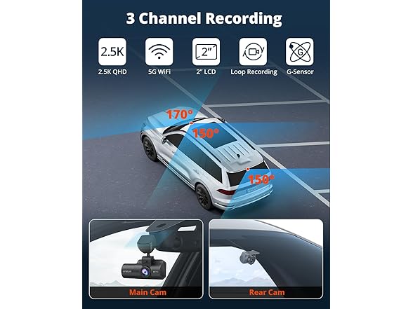 (NEW) Kingslim 3-Ch 5G Dash Cam with 64GB Card