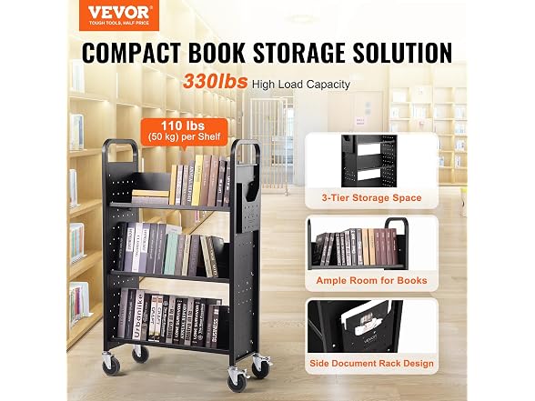 Book Cart, 330 lbs Library Cart, 31.1" x 15.2"