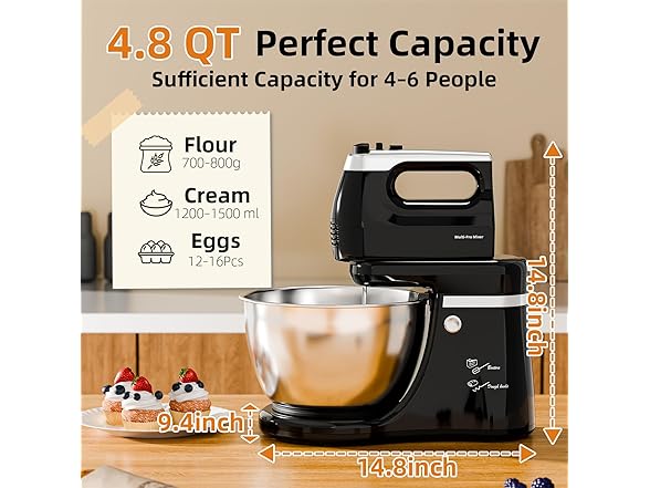 Stand Mixer Electric Kitchen Mixer, 4.8 QT Auto-Rotating Bowl & Beater Tilt-Head 2-IN-1 Standing Hand Mixer, 250 Watt 5-Speed with Turbo Boost Household Mixer with Beaters & Dough Hooks for Baking (Open Box)