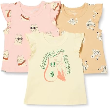 Amazon Essentials Girls' Sleeveless Ruffle T-Shirt, Pack of 3, Cool Cat/Tiger/Tropical Fruit, Small