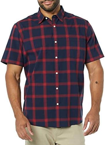 Amazon Essentials Short Sleeve Shirt for Men, Available in Big & Tall, Navy Red Buffalo Plaid, Medium