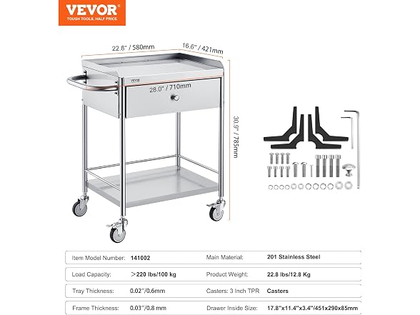 Medical Cart, 2-Layer Stainless Steel Cart 220