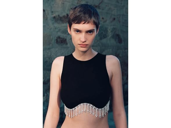 Lauweion Women (L) Rhinestones Tassel Crop Top Top