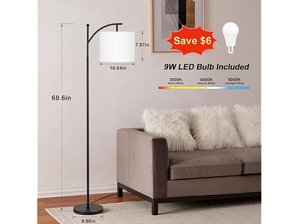 60" Floor Lamp With 3 Color Temperatures