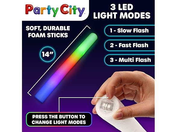 Party City 96pk LED Foam Glow Sticks 14”