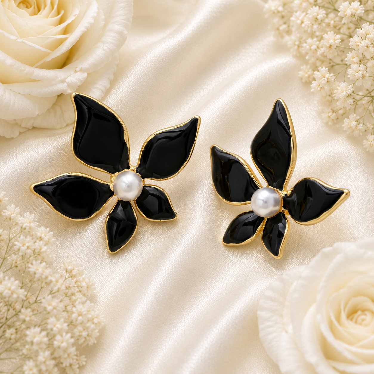 18K Gold Black Flower Pearl Studs - Gallery 5