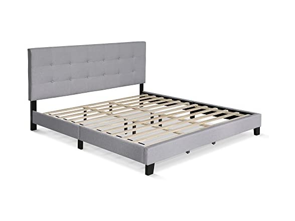 Furinno Laval Button Tufted Upholstered Platform Bed Frame, Queen, Glacier