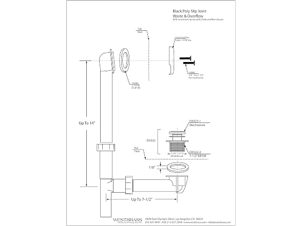 Westbrass 14in Waste Overflow Tip-Toe PC