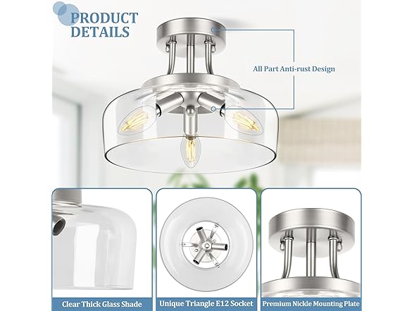 TOBUSA 3-Light Silver Semi Flush Mount Light Fixture
