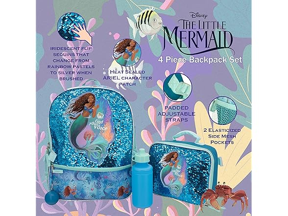 (4 Piece) 16" Disney Mermaid Backpack