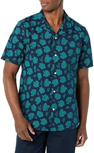 Amazon Essentials Men's Vacation Cotton Button-Down Resort Shirt, Short Sleeve, Navy Palm Leaf, X-Small
