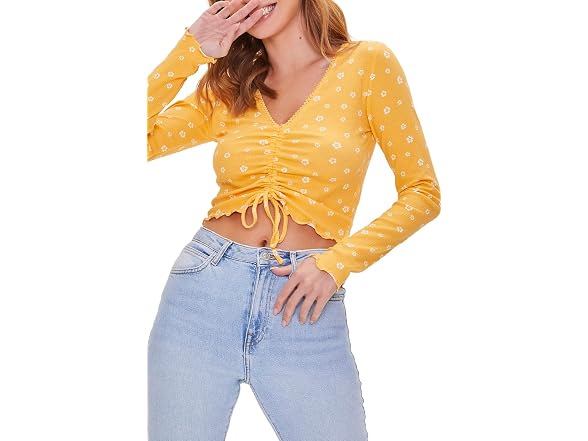 Forever 21 Women's (M) Floral Print Crop Top Gold
