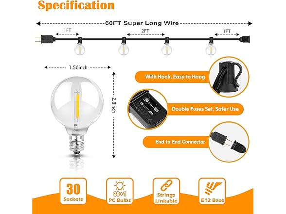 Brightever 60FT Outdoor String Lights Waterproof