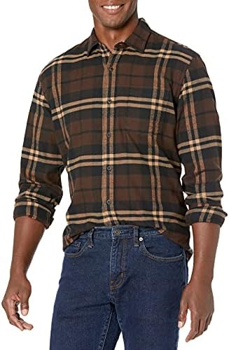 Amazon Essentials Men's Long-Sleeve Flannel Shirt (Available in Big & Tall), Dark Brown Plaid, X-Small