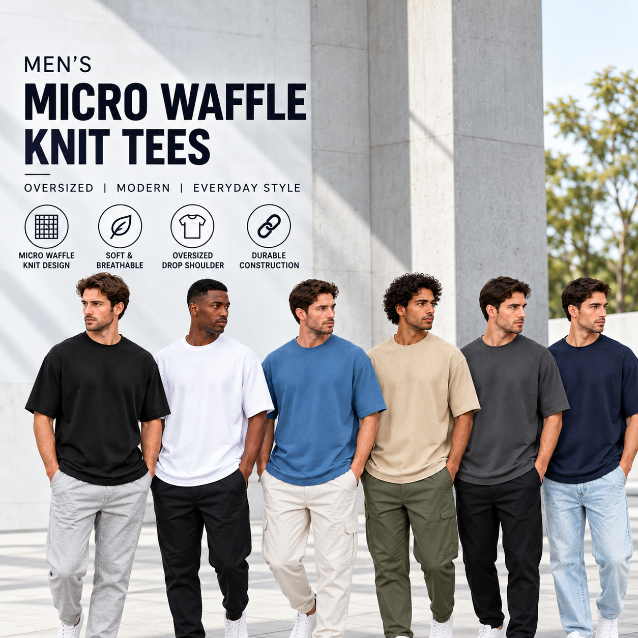 5Pk Mens Waffle Knit Drop Shoulder Tee - Gallery 18