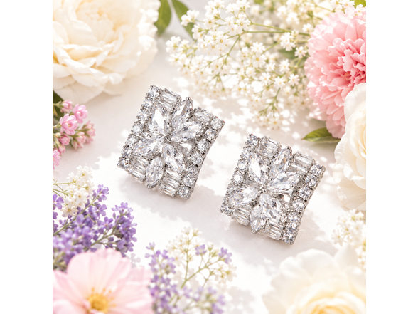 S/S Silver Tone Floral Cluster Cubic Zirconia Stud Earrings