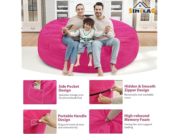 SIMFLAG 7ft Memory Foam Bean Bag - Pink